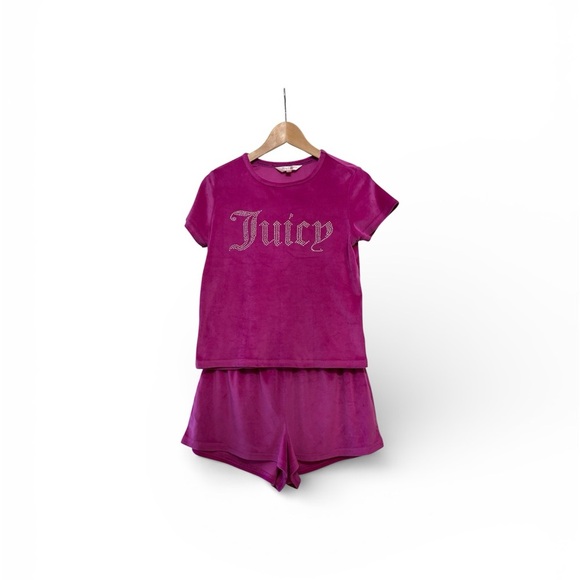 Juicy Couture Magenta Pink Velour Sleepwear Rhinestone Logo Tee Shorts Bling M - Picture 2 of 13